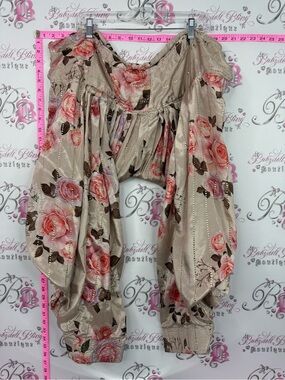 Harem pants Boho Floral Track Pants in Beige with Pink Rose Print studded